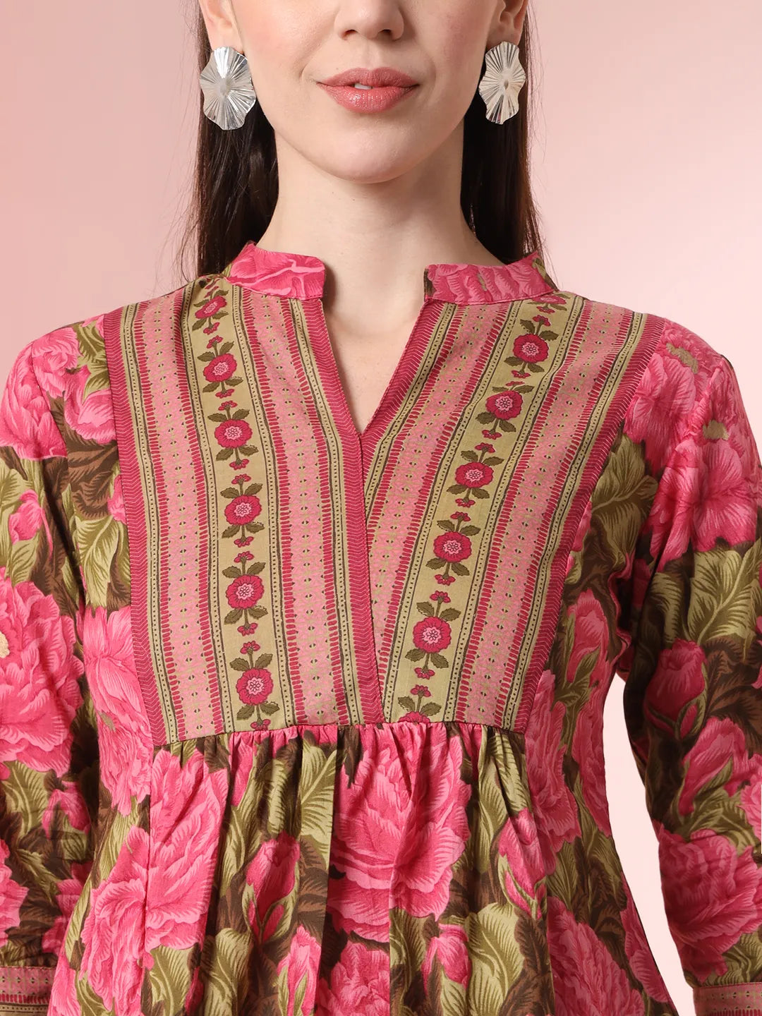 Pink Pure Cotton Gathered Or Pleated Top-Yufta Store-6253TOPPKS