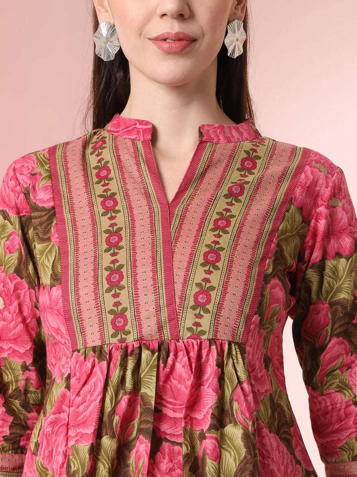 Pink Pure Cotton Gathered Or Pleated Top-Yufta Store-6253TOPPKS