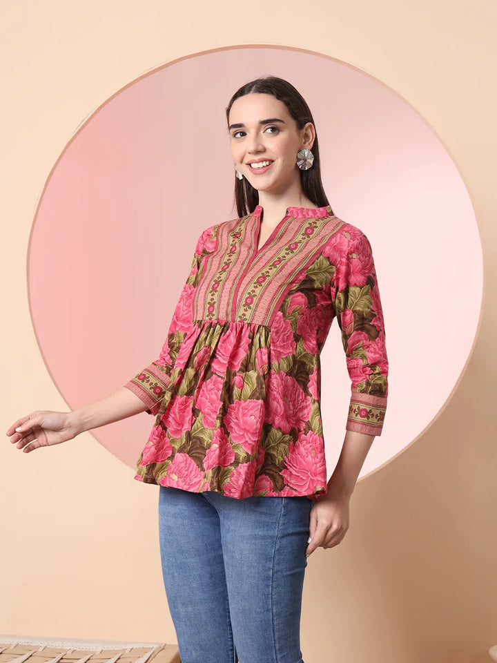 Pink Pure Cotton Gathered Or Pleated Top-Yufta Store-6253TOPPKS