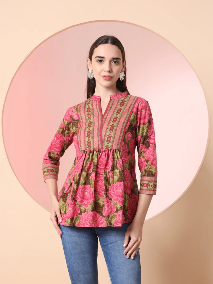 Pink Pure Cotton Gathered Or Pleated Top-Yufta Store-6253TOPPKS