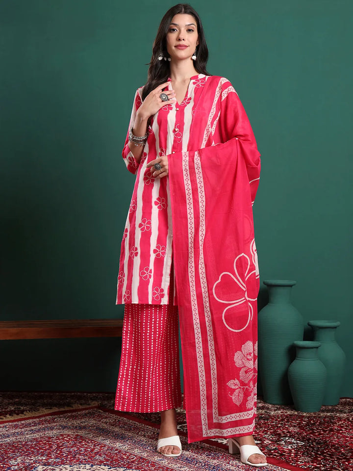 Pink Pure Cotton Striped Kurta Palazzo & Dupatta Set
