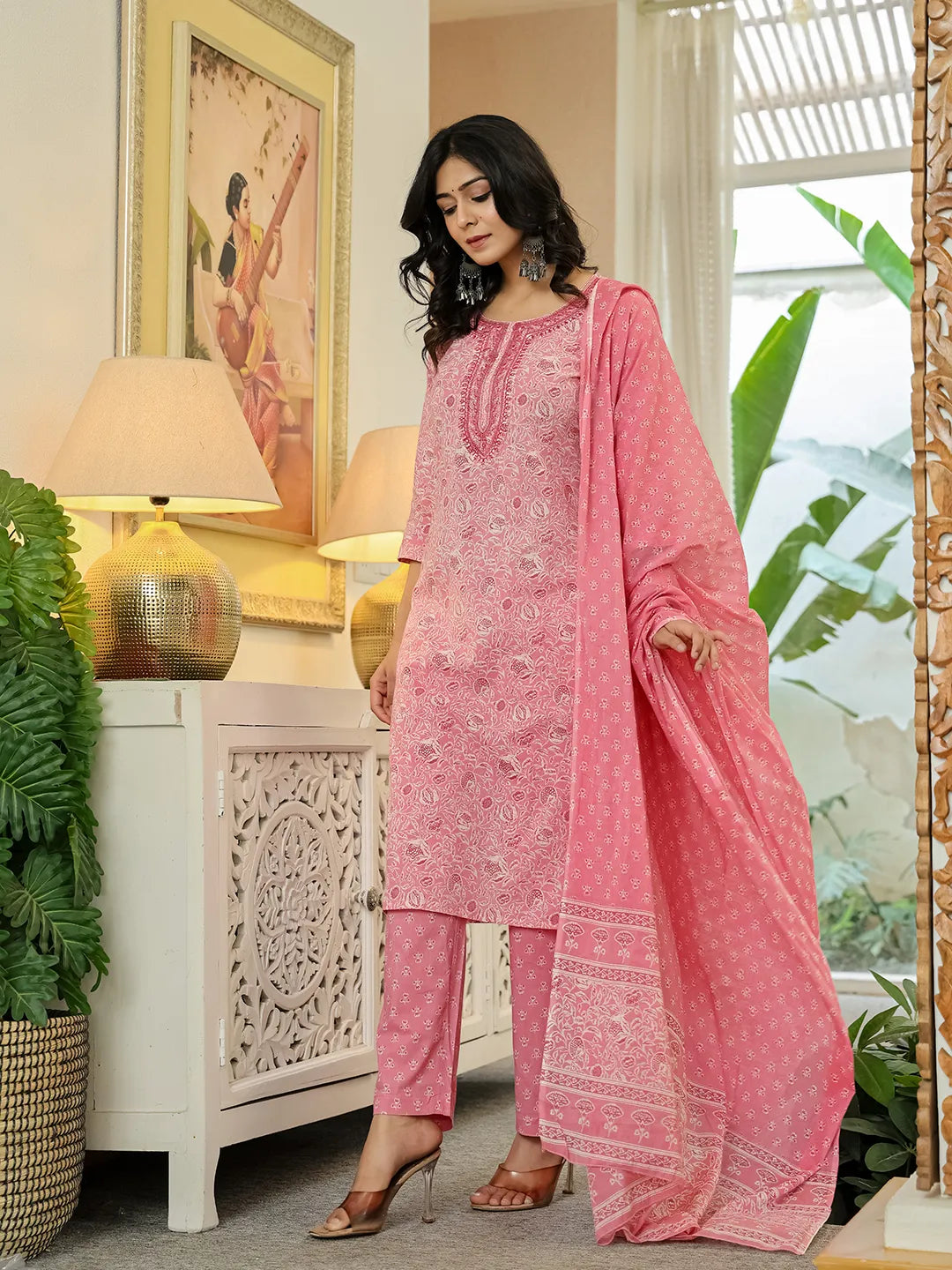 Pink Pure Cotton Thread Work Sequins Work Kurta Dupatta Pant Set-Yufta Store-6543SKDPKM