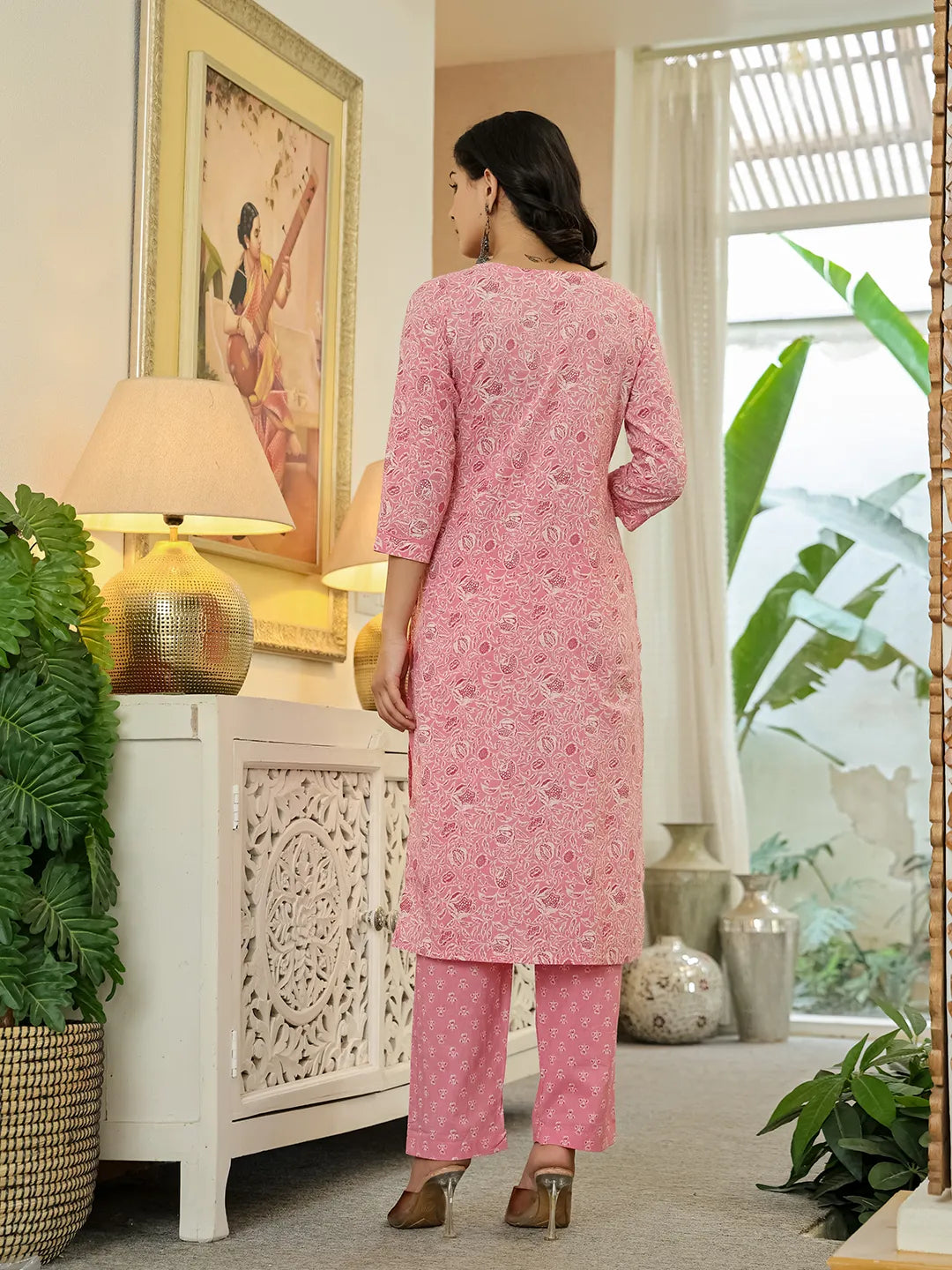 Pink Pure Cotton Thread Work Sequins Work Kurta Dupatta Pant Set-Yufta Store-6543SKDPKM