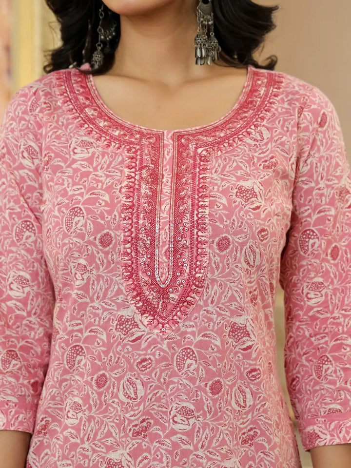 Pink Pure Cotton Thread Work Sequins Work Kurta Dupatta Pant Set-Yufta Store-6543SKDPKM