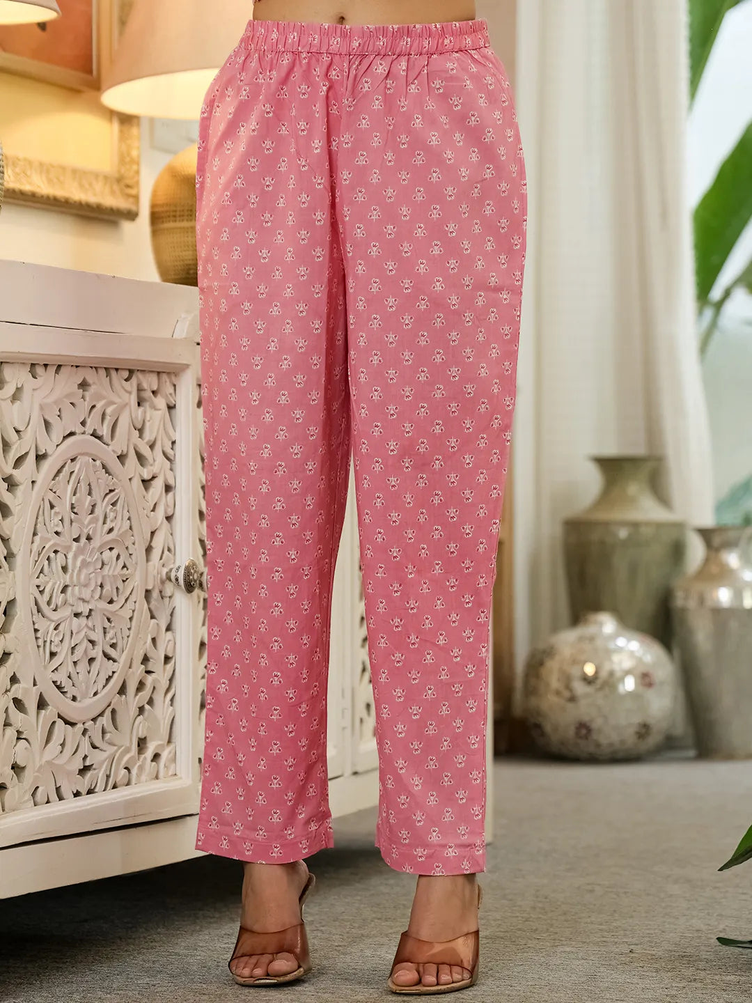 Pink Pure Cotton Thread Work Sequins Work Kurta Dupatta Pant Set-Yufta Store-6543SKDPKM