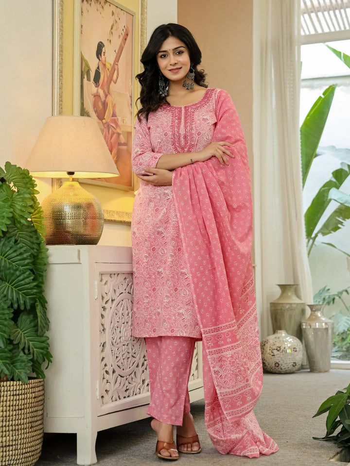 Pink Pure Cotton Thread Work Sequins Work Kurta Dupatta Pant Set-Yufta Store-6543SKDPKM