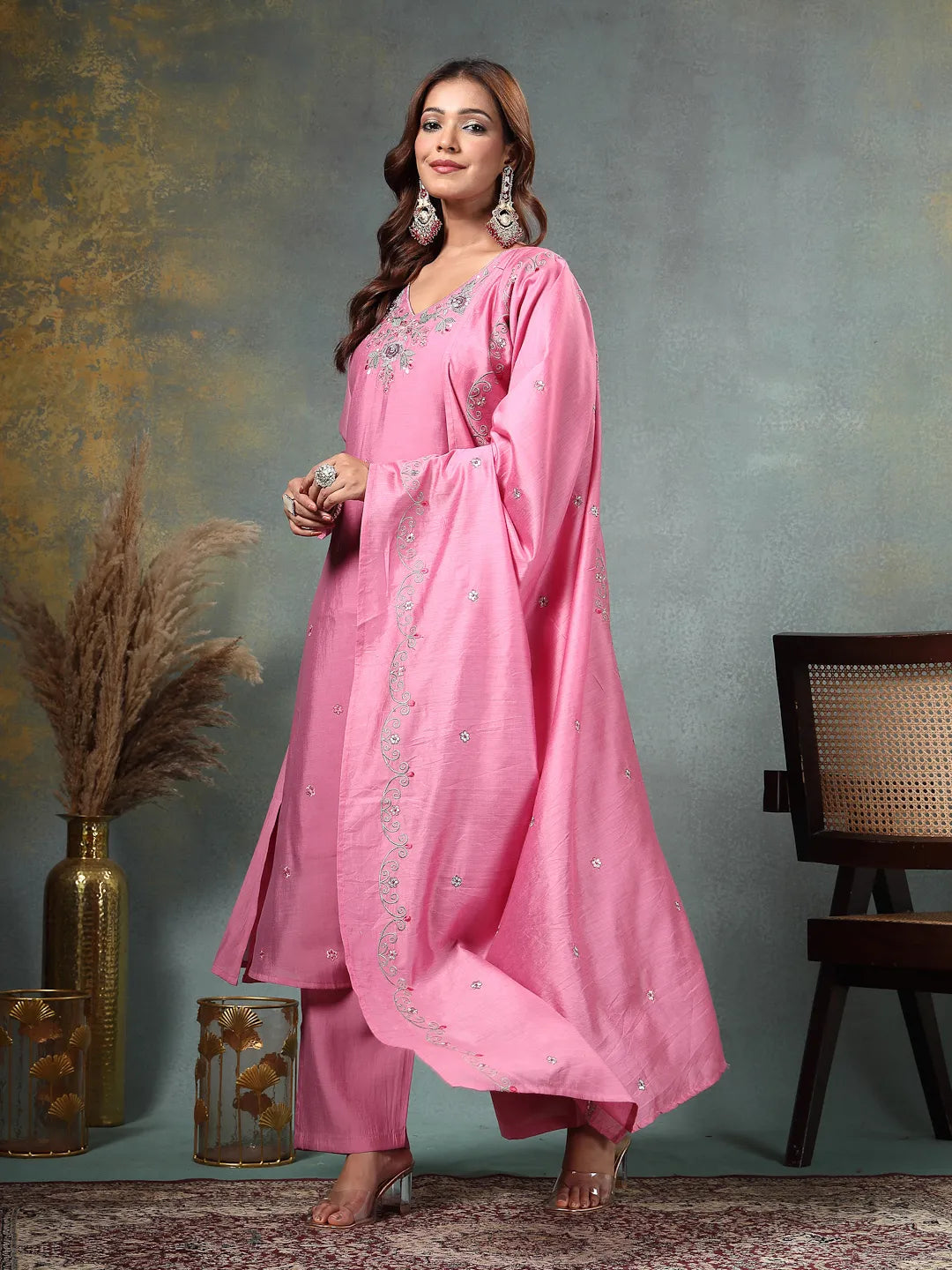 Pink Resham-Embroidery A-Line Chanderi Silk Kurta Palazzo Dupatta Set-Yufta Store-6760SKDPKM