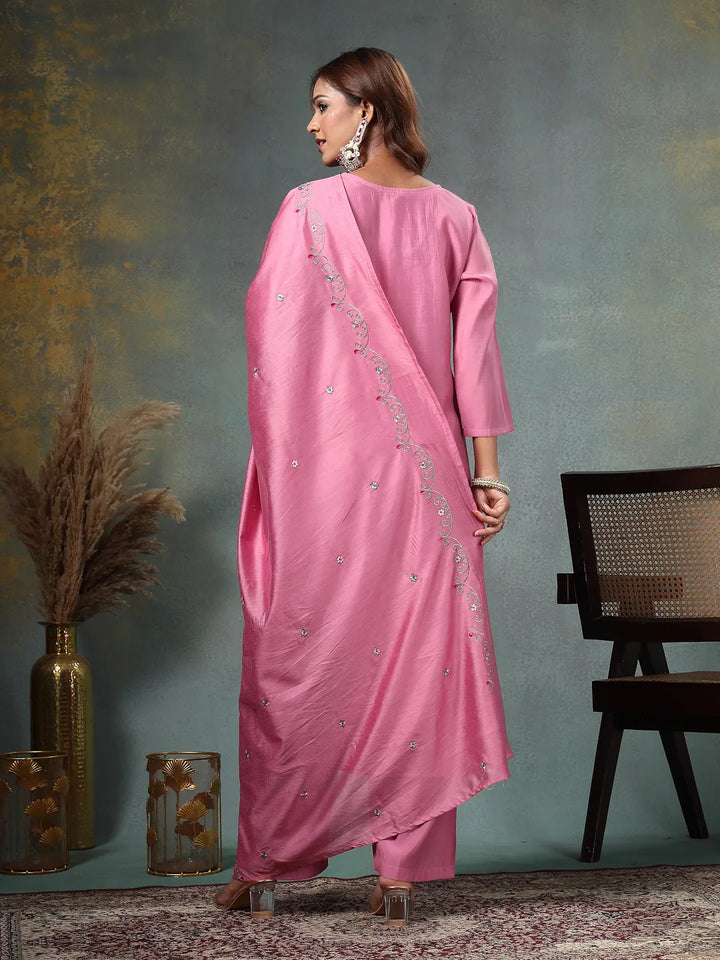 Pink Resham-Embroidery A-Line Chanderi Silk Kurta Palazzo Dupatta Set-Yufta Store-6760SKDPKM