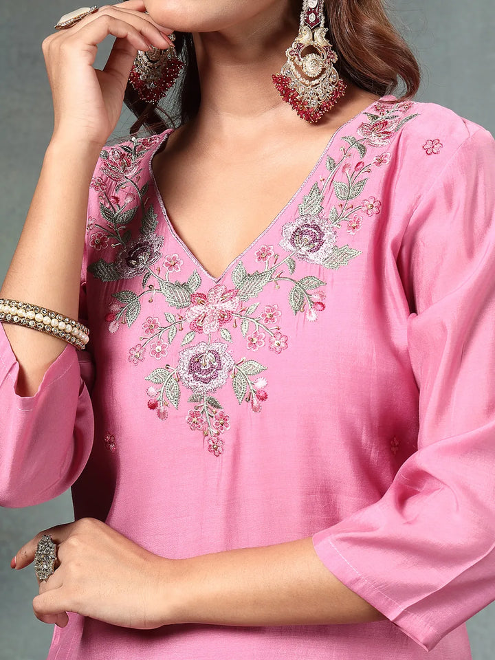 Pink Resham-Embroidery A-Line Chanderi Silk Kurta Palazzo Dupatta Set-Yufta Store-6760SKDPKM
