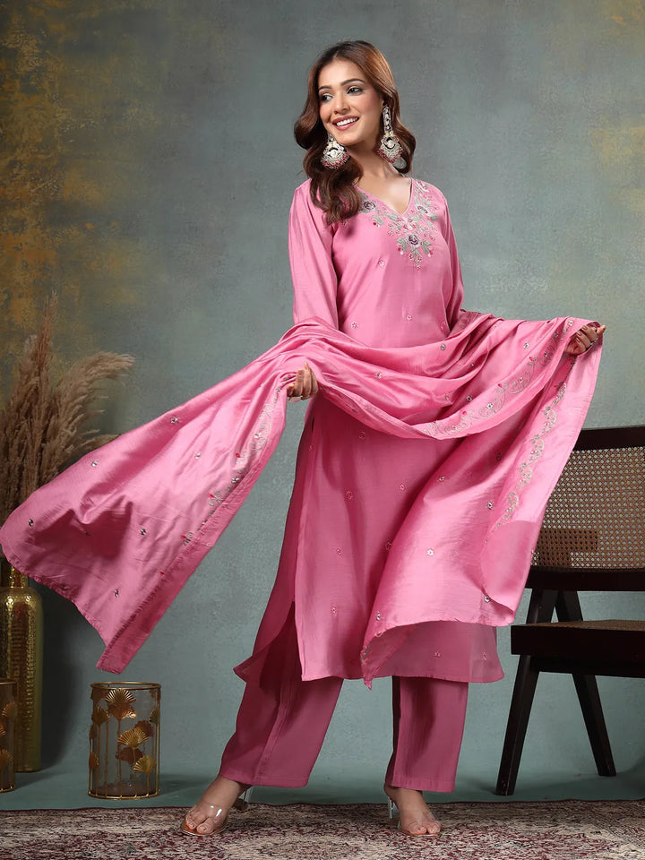Pink Resham-Embroidery A-Line Chanderi Silk Kurta Palazzo Dupatta Set-Yufta Store-6760SKDPKM