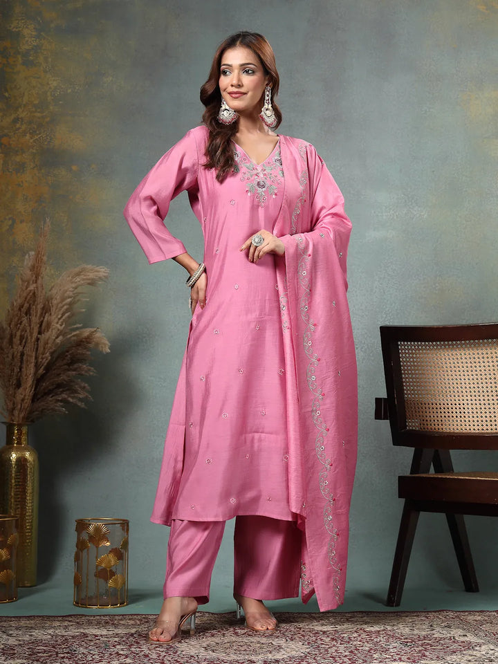 Pink Resham-Embroidery A-Line Chanderi Silk Kurta Palazzo Dupatta Set-Yufta Store-6760SKDPKM
