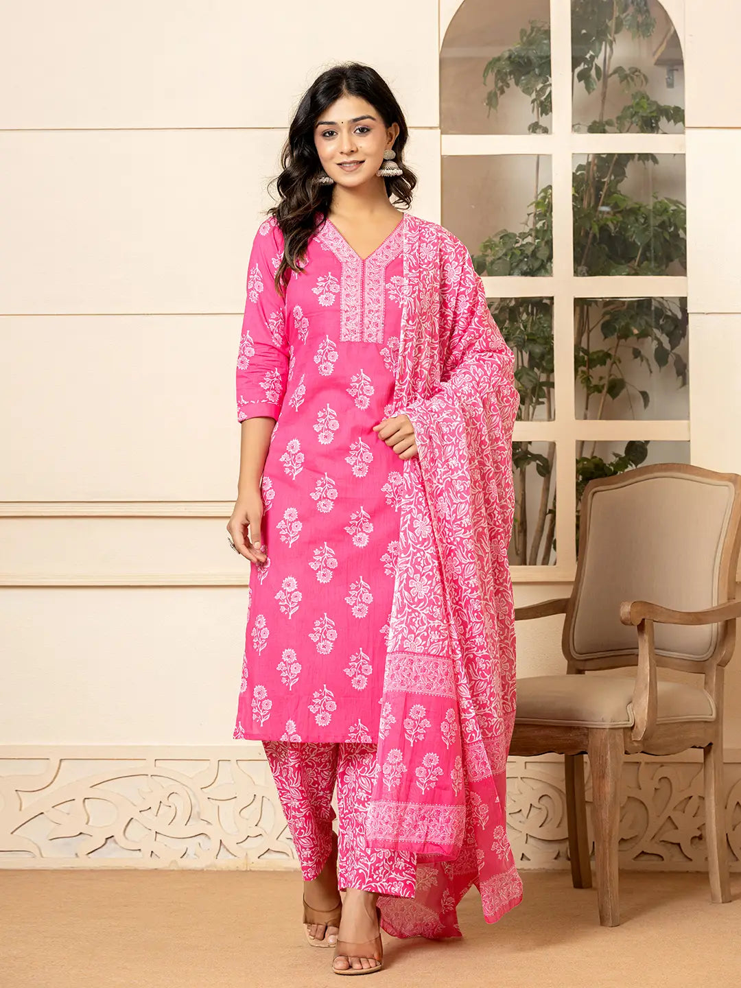 Pink Sequins_Work Pure Cotton Straight Kurta Dupatta Set-Yufta Store-7030SKDPKS