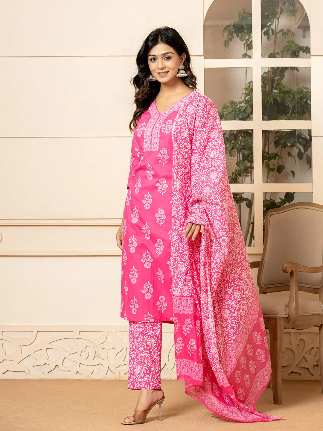 Pink Sequins_Work Pure Cotton Straight Kurta Dupatta Set-Yufta Store-7030SKDPKS