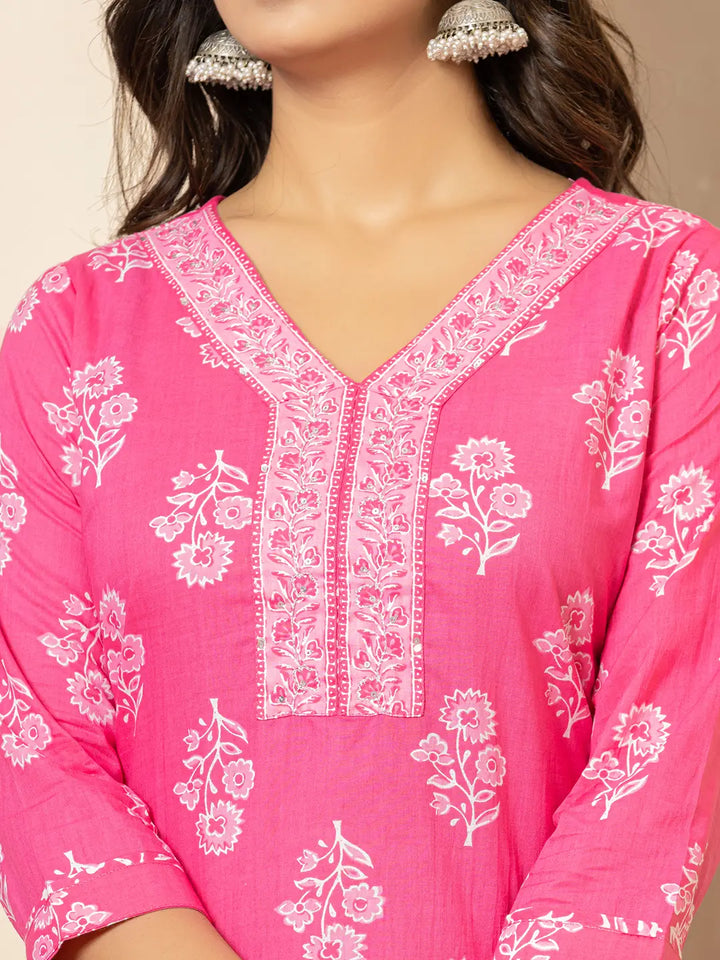 Pink Sequins_Work Pure Cotton Straight Kurta Dupatta Set-Yufta Store-7030SKDPKS