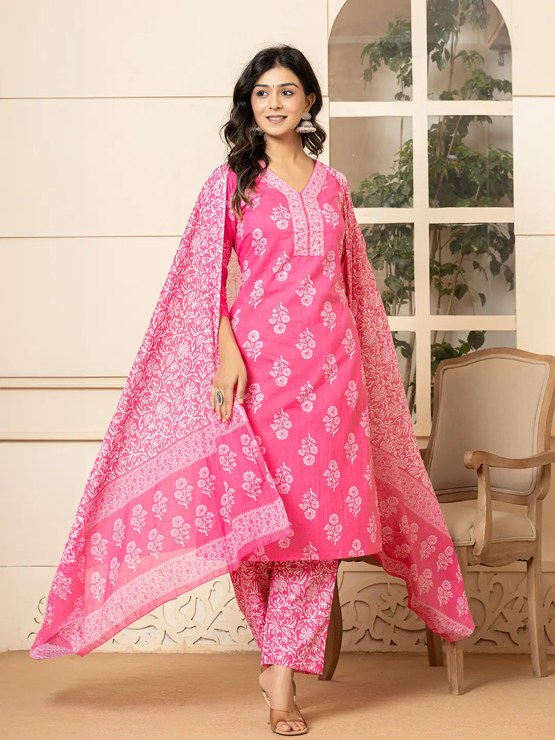 Pink Sequins_Work Pure Cotton Straight Kurta Dupatta Set-Yufta Store-7030SKDPKS