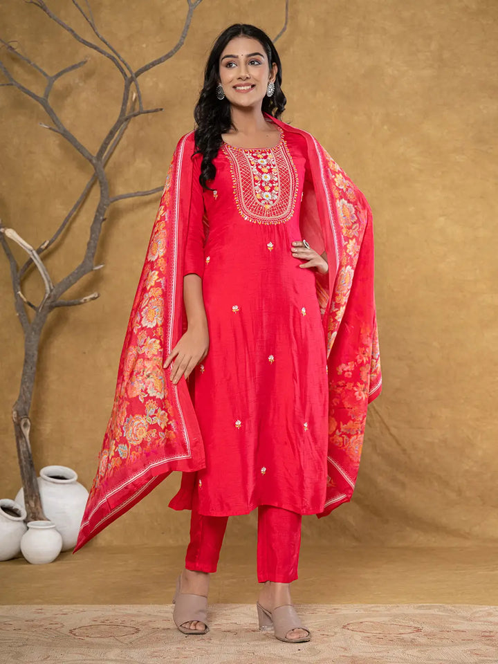 Pink Silk Beads And Stones,Sequins_Work Kurta Dupatta Set-Yufta Store-7066SKDPKS