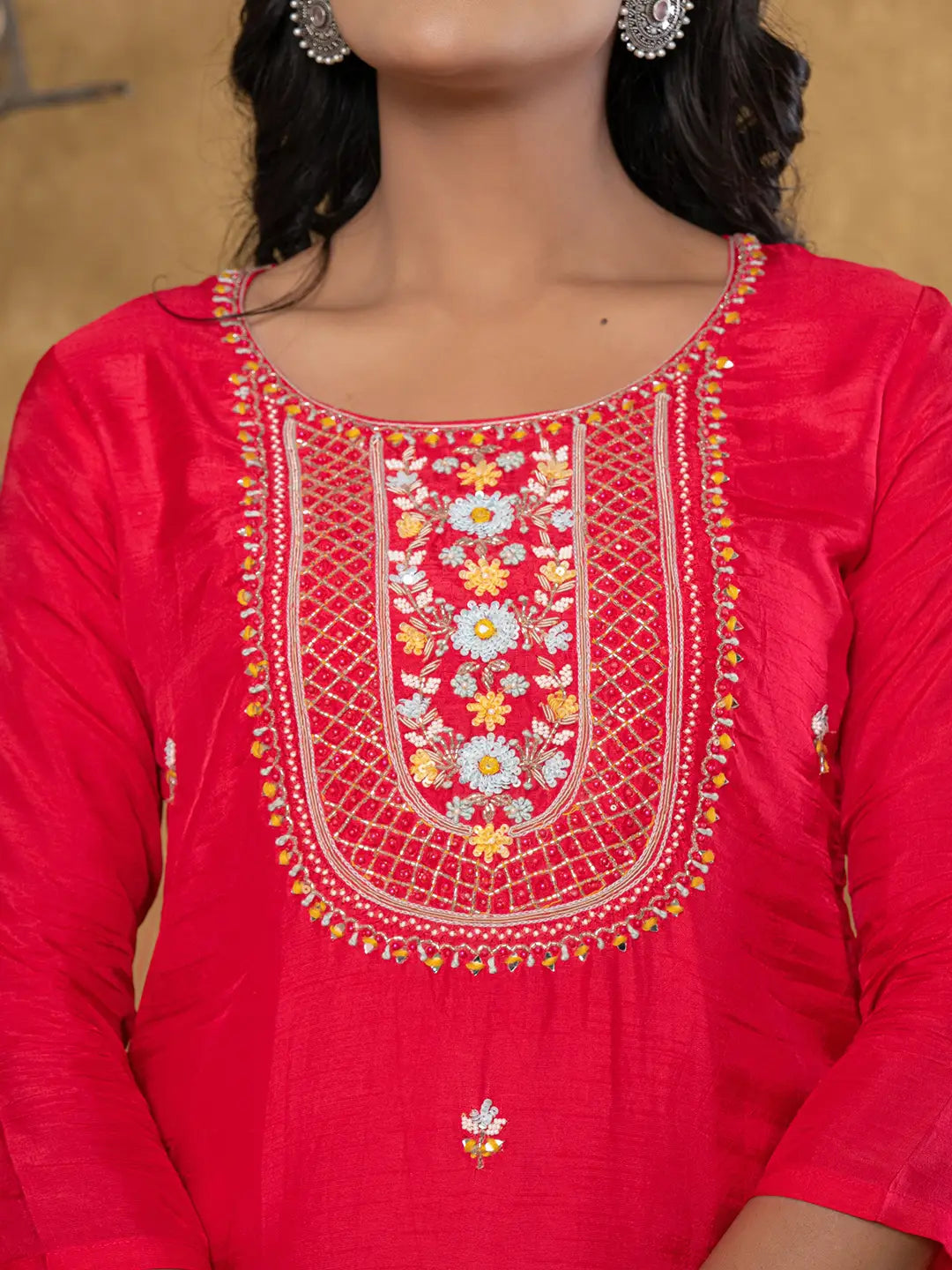 Pink Silk Beads And Stones,Sequins_Work Kurta Dupatta Set-Yufta Store-7066SKDPKS