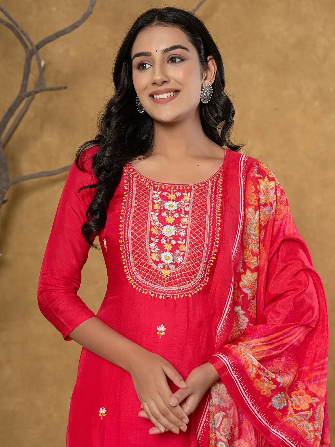 Pink Silk Beads And Stones,Sequins_Work Kurta Dupatta Set-Yufta Store-7066SKDPKS