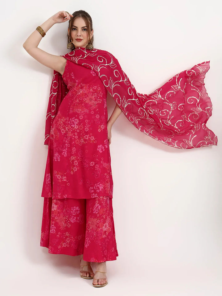 Pink Silk Blend Boat Neck A-Line Kurta Palazoo Set