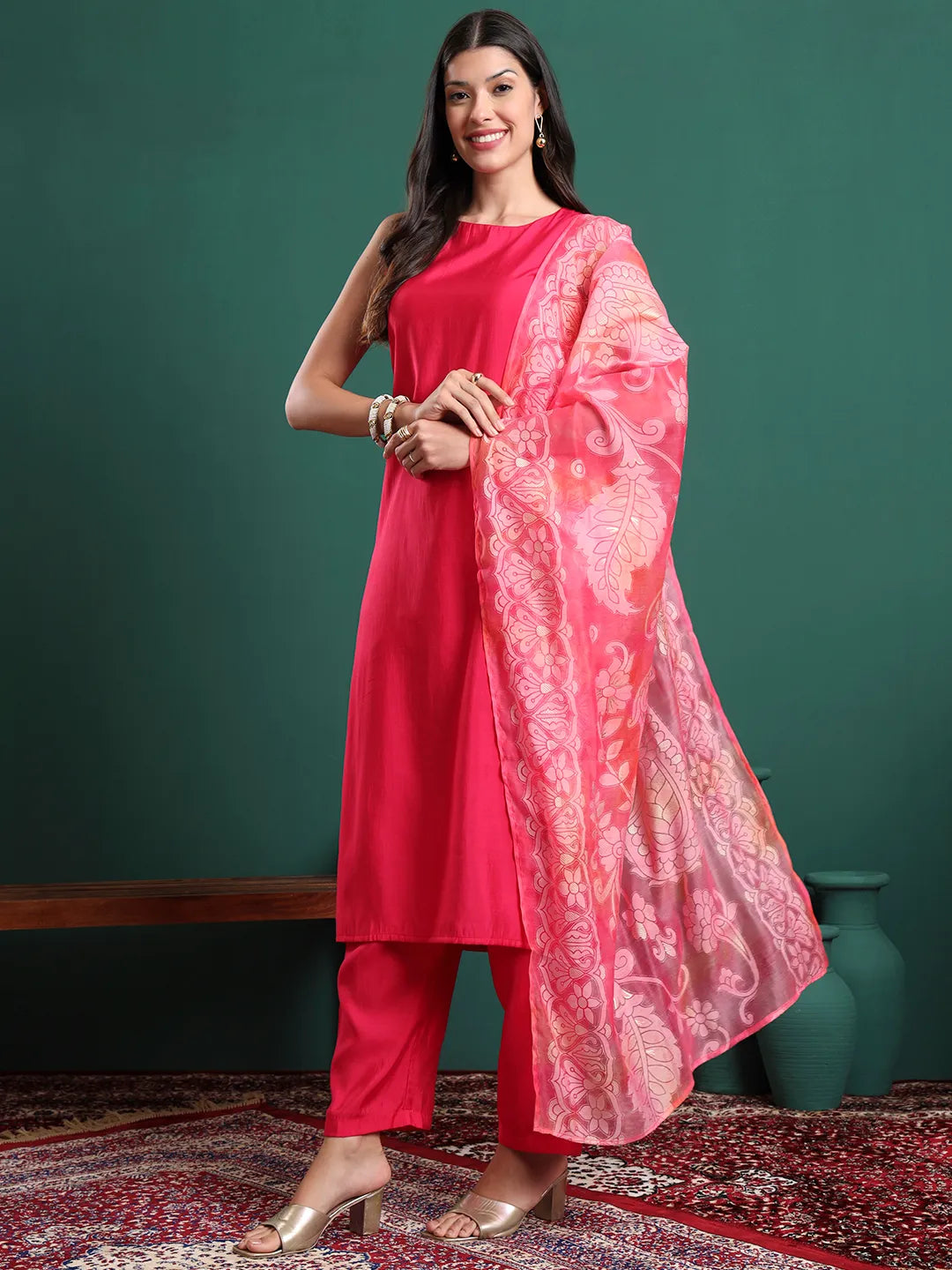 Pink Silk Blend Sleeveless Kurta Pants & Dupatta Set-Yufta Store-6710SKDPKS
