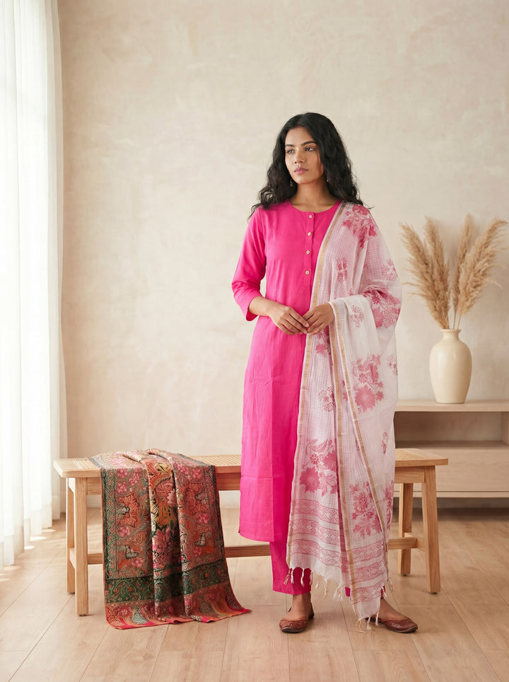 Pink Silk Blend Straight Kurta Pant With Handblock Print Kota Doriya Dupatta Set