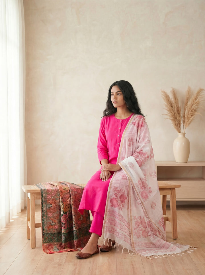 Pink Silk Blend Straight Kurta Pant With Handblock Print Kota Doriya Dupatta Set
