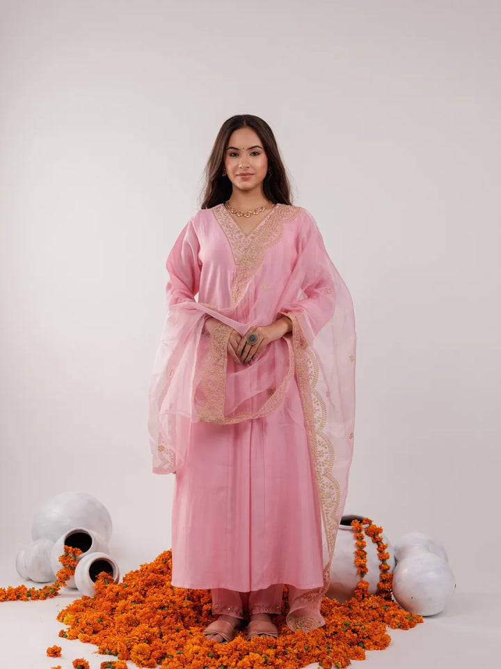 Pink Silk Embroidered Kurta Dupatta Set-Yufta Store-7175SKDPKS