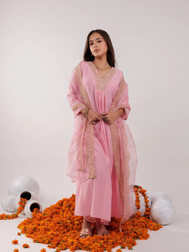 Pink Silk Embroidered Kurta Dupatta Set-Yufta Store-7175SKDPKS