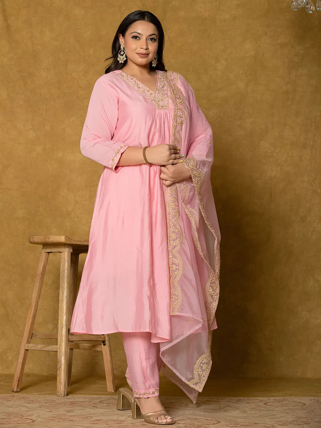 Pink Silk Embroidered Plus Size Kurta Dupatta Set-Yufta Store-7175PSKDPK3XL