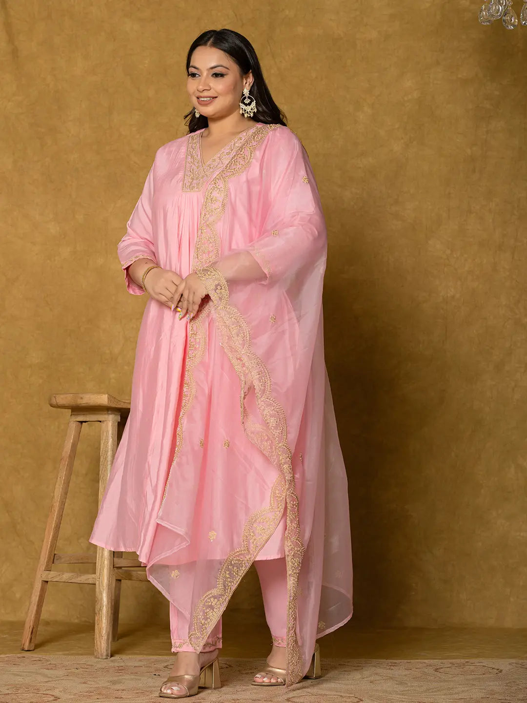 Pink Silk Embroidered Plus Size Kurta Dupatta Set-Yufta Store-7175PSKDPK3XL