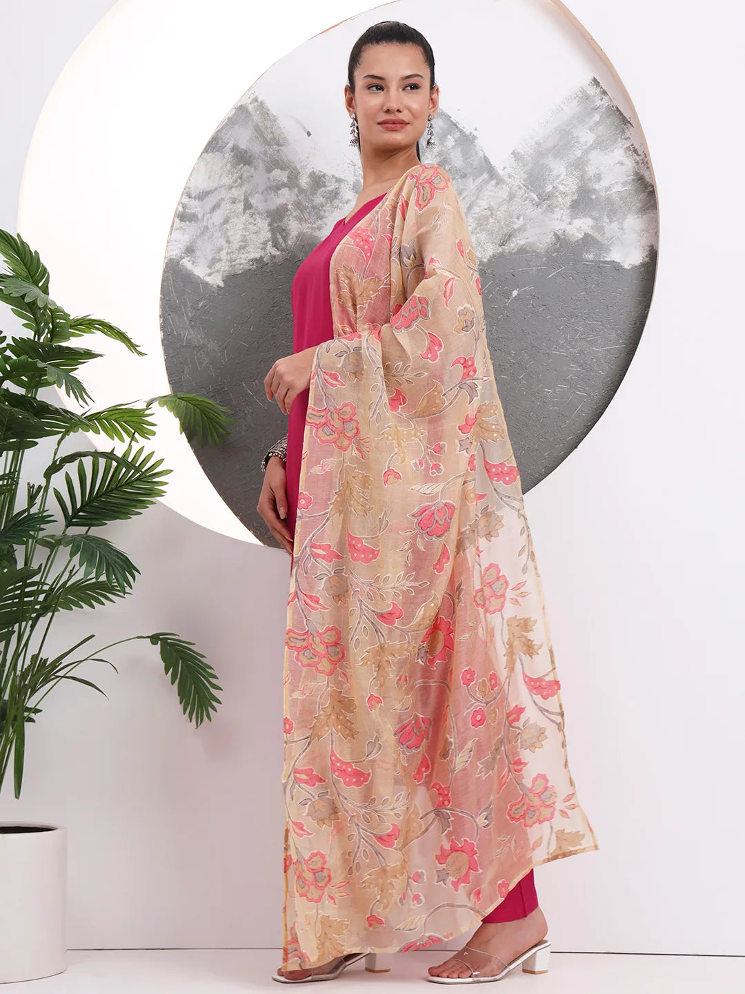 Pink Solid Straight Silk Blend Sleeveless Kurta Trouser Dupatta Set