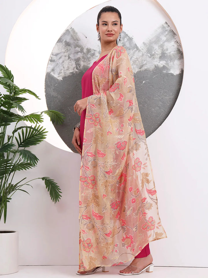 Pink Solid Straight Silk Blend Sleeveless Kurta Trouser Dupatta Set
