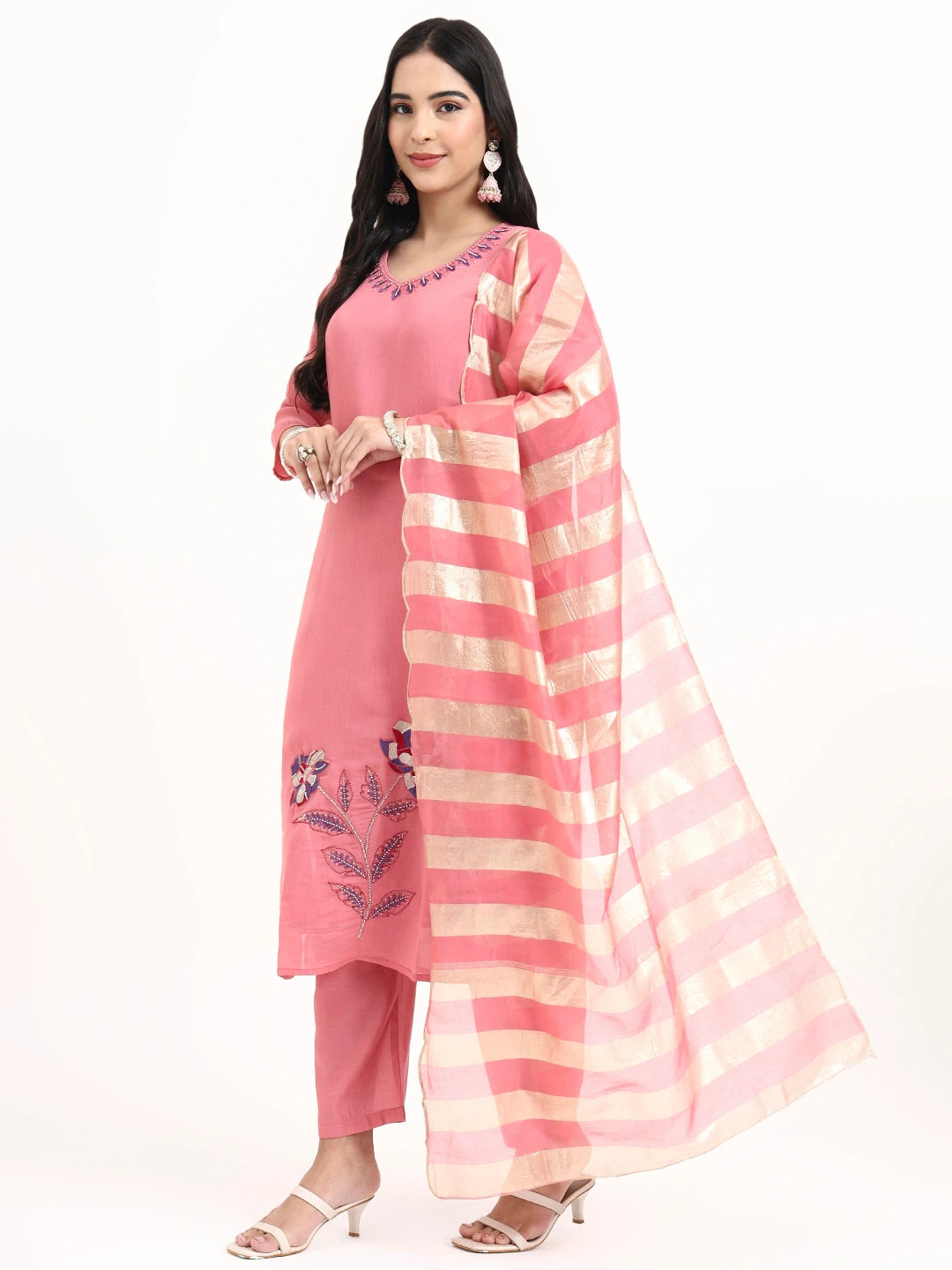 Pink Solid Straight Style Chanderi Silk Lining Kurta Trouser Dupatta Set