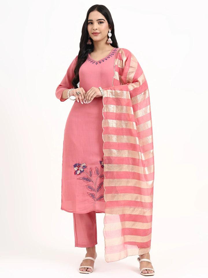 Pink Solid Straight Style Chanderi Silk Lining Kurta Trouser Dupatta Set