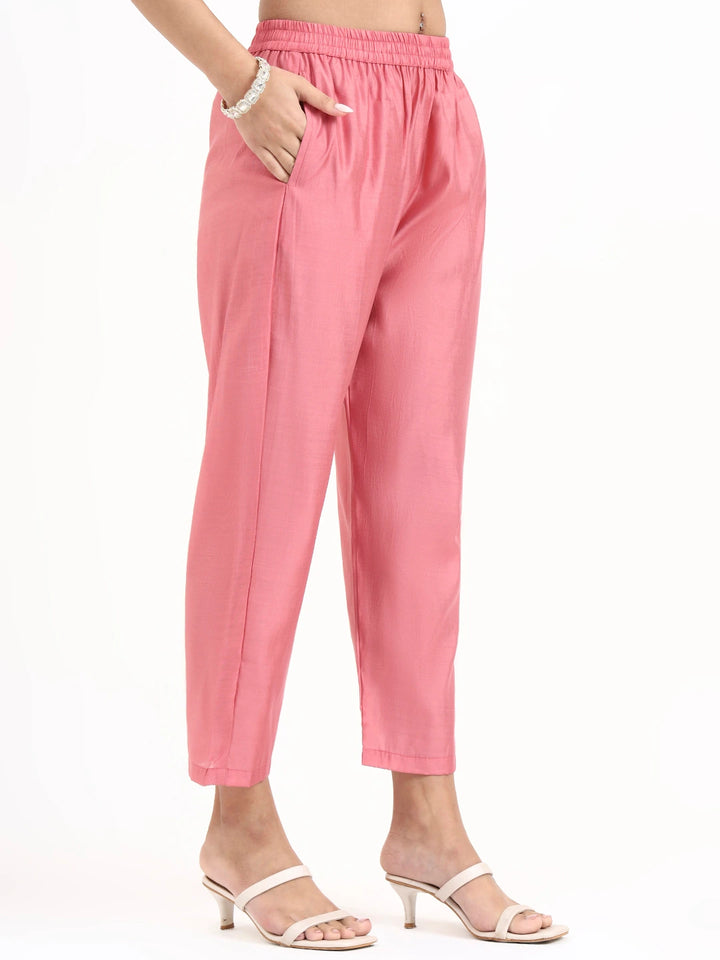 Pink Solid Straight Style Chanderi Silk Lining Kurta Trouser Dupatta Set