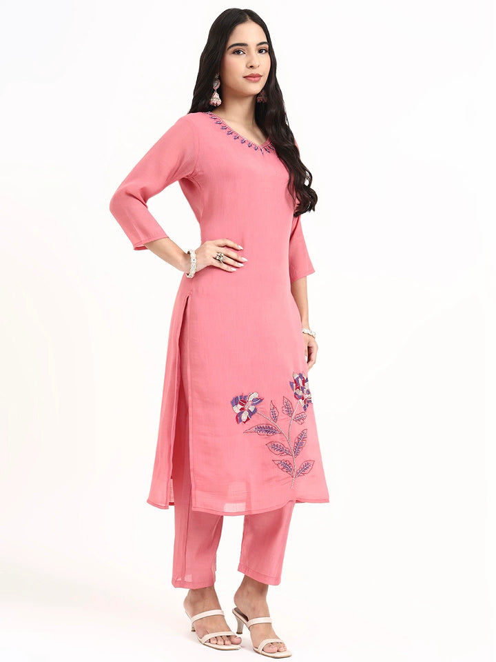 Pink Solid Straight Style Chanderi Silk Lining Kurta Trouser Dupatta Set