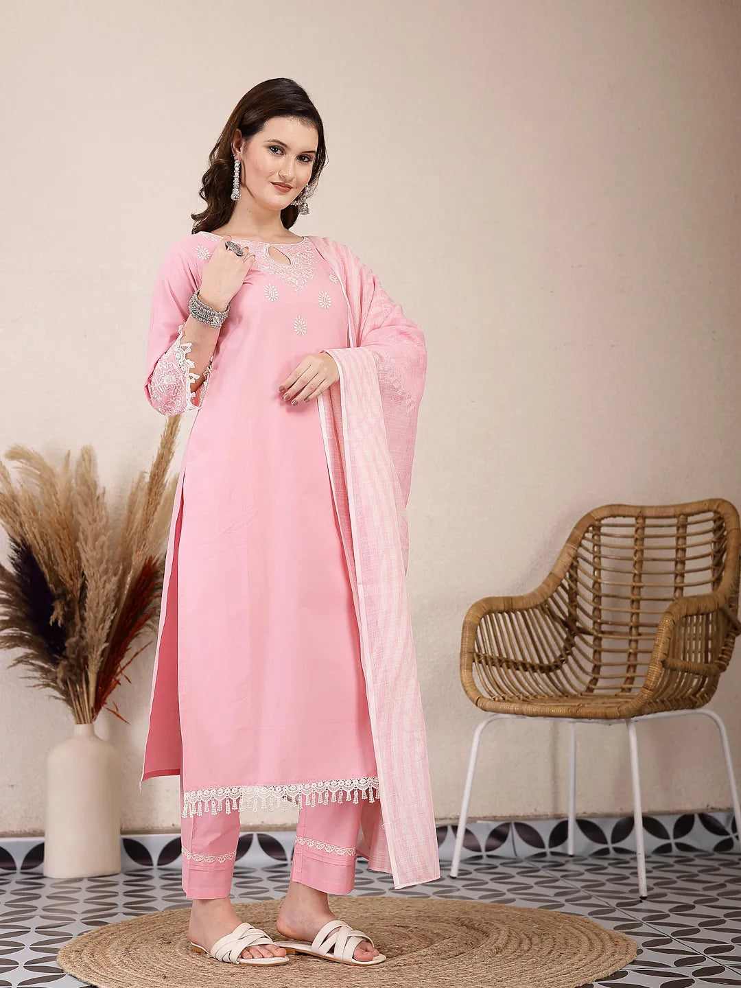 Pink Solid Thread Work Straight Kurta Trouser Dupatta Set-Yufta Store-6468SKDPKM