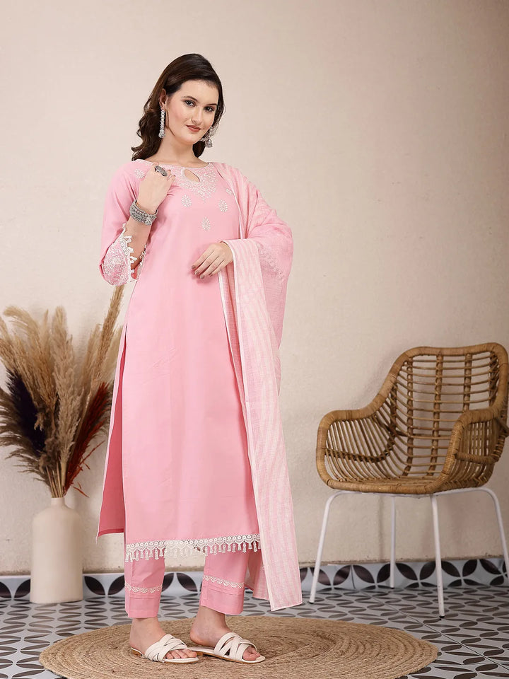 Pink Solid Thread Work Straight Kurta Trouser Dupatta Set-Yufta Store-6468SKDPKM