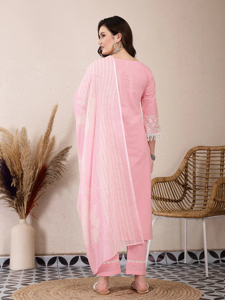 Pink Solid Thread Work Straight Kurta Trouser Dupatta Set-Yufta Store-6468SKDPKM