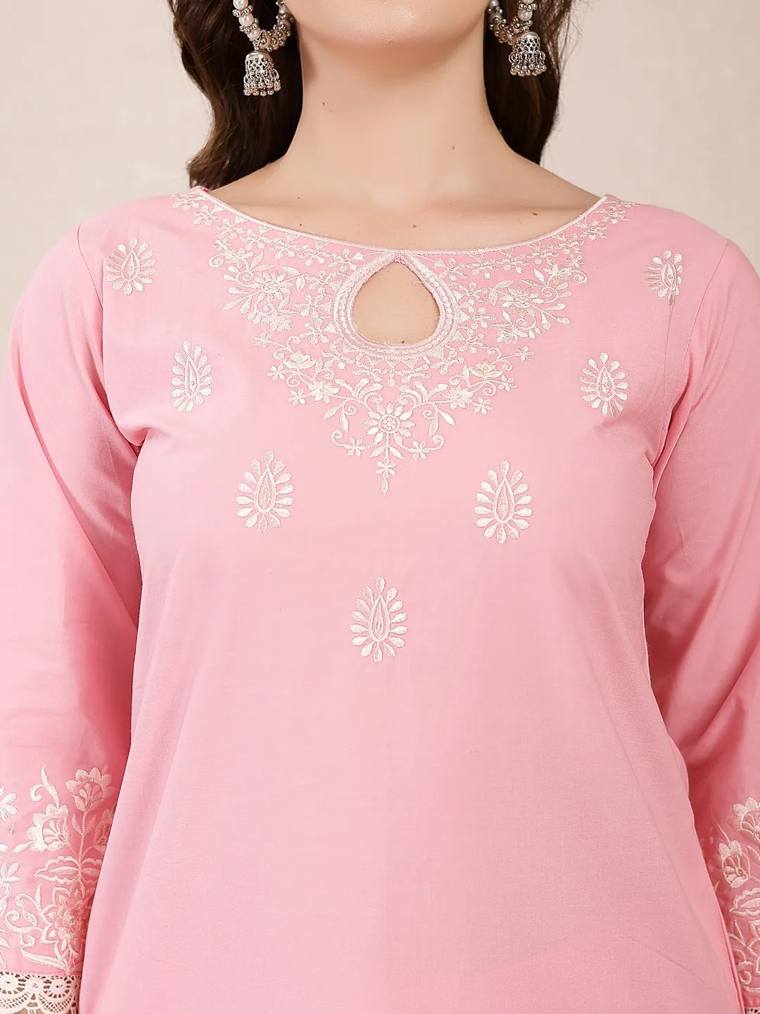 Pink Solid Thread Work Straight Kurta Trouser Dupatta Set-Yufta Store-6468SKDPKM