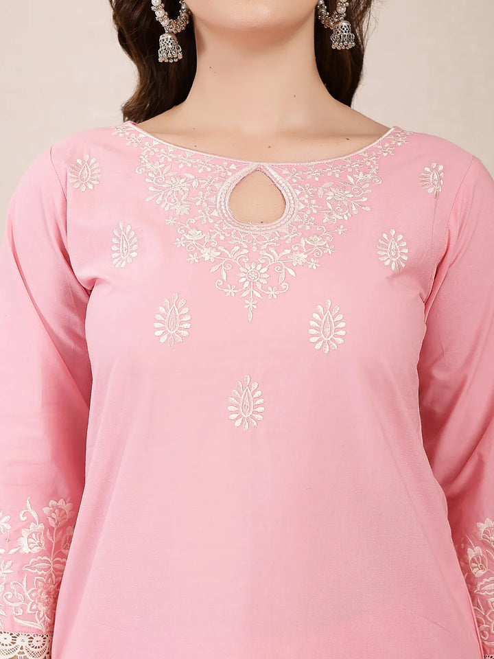 Pink Solid Thread Work Straight Kurta Trouser Dupatta Set-Yufta Store-6468SKDPKM