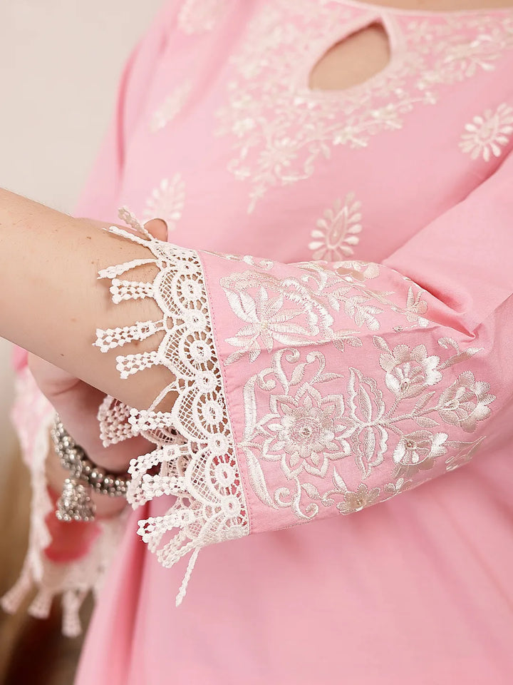 Pink Solid Thread Work Straight Kurta Trouser Dupatta Set-Yufta Store-6468SKDPKM