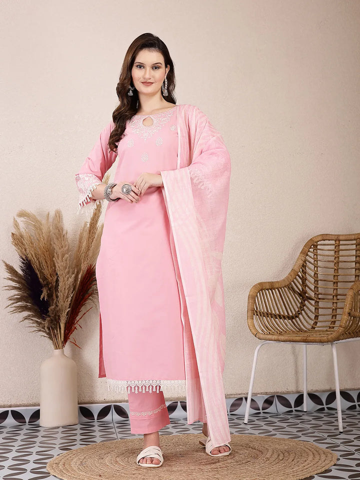 Pink Solid Thread Work Straight Kurta Trouser Dupatta Set-Yufta Store-6468SKDPKM