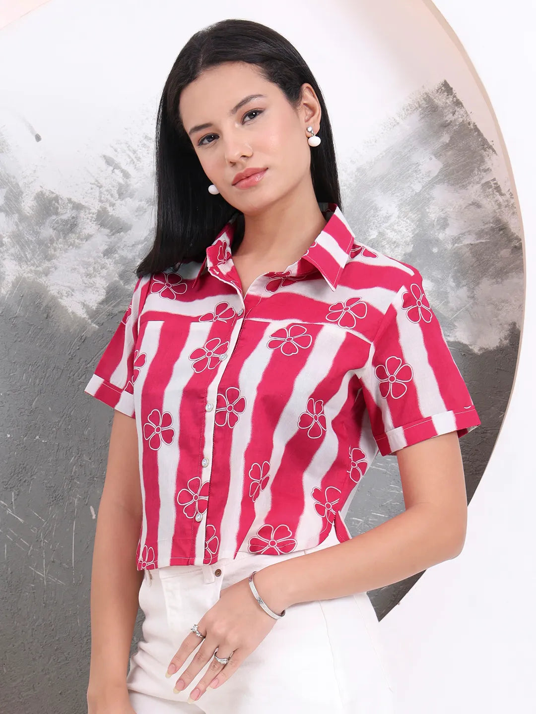 Pink Striped And Floral Print Shirt Style Top