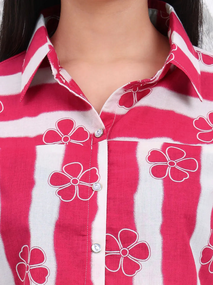 Pink Striped And Floral Print Shirt Style Top
