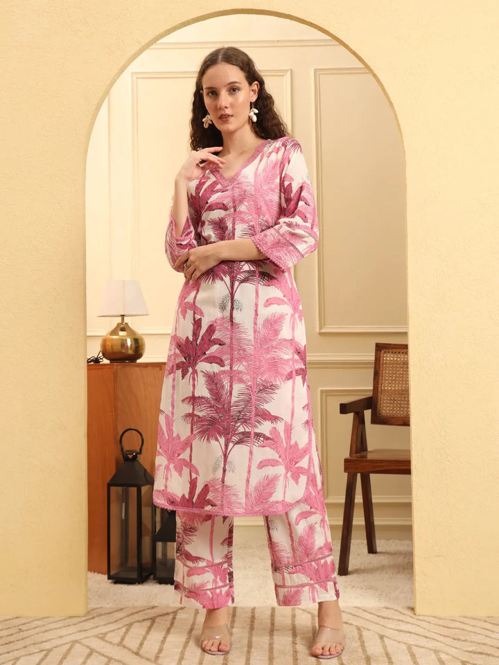 Pink Textured Print Straight Kurta Trouser Set Kurta