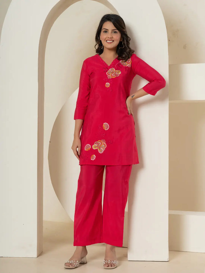 Pink Thread_Work Shirt And Palazzo Silk Blend Co-Ord Set-Yufta Store-7299CRDPKS