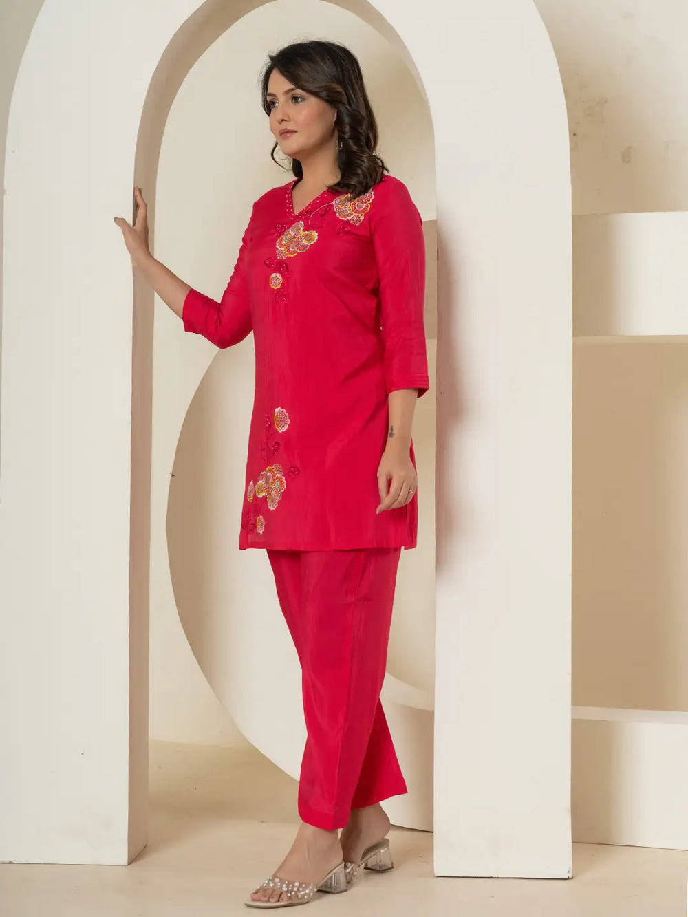 Pink Thread_Work Shirt And Palazzo Silk Blend Co-Ord Set-Yufta Store-7299CRDPKS