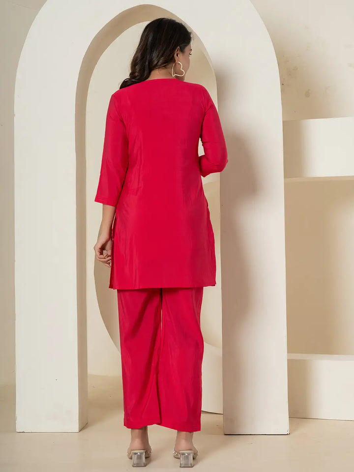 Pink Thread_Work Shirt And Palazzo Silk Blend Co-Ord Set-Yufta Store-7299CRDPKS