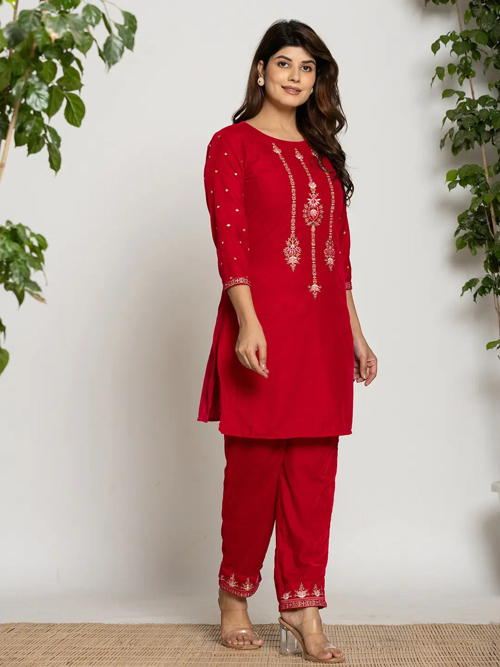 Pink Velvet Embroidered Co-Ord Set With Cotton Lining-Yufta Store-7160CRDPKS